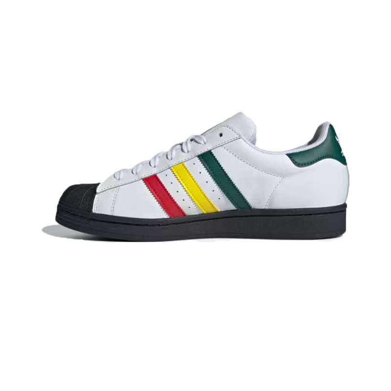 white adidas shoes with colorful bottoms