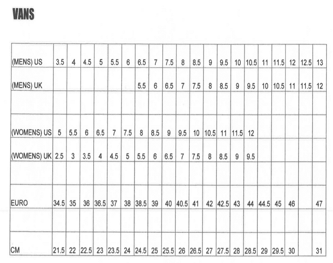 Van old 2025 skool size chart