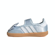 Load image into Gallery viewer, Light blue children's sneaker with white stripes on a white background