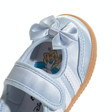 Load image into Gallery viewer, Light blue baby shoe with a bow and cartoon character on the insole, on a white background.