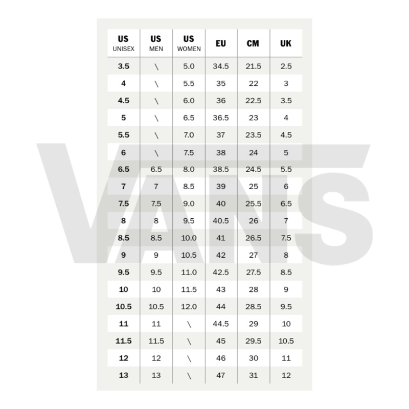 Vans Old Skool Size Chart Old Skool Vans Authentic Size Guide