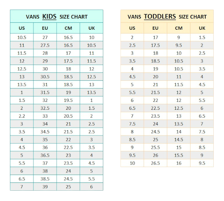 Vans size hot sale chart toddler