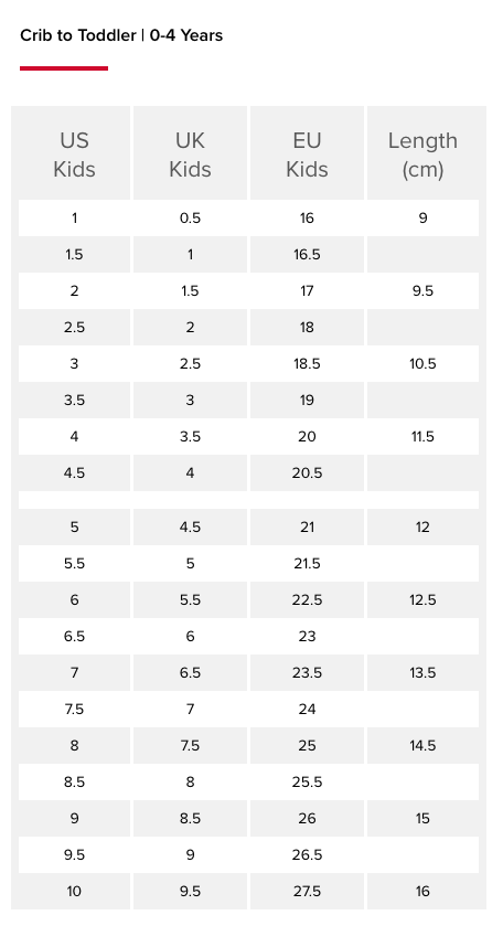 New balance best sale infant size chart