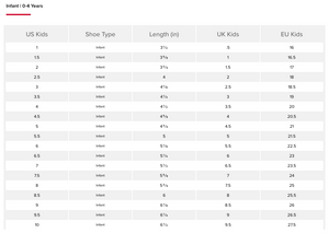 New balance sales size chart infant