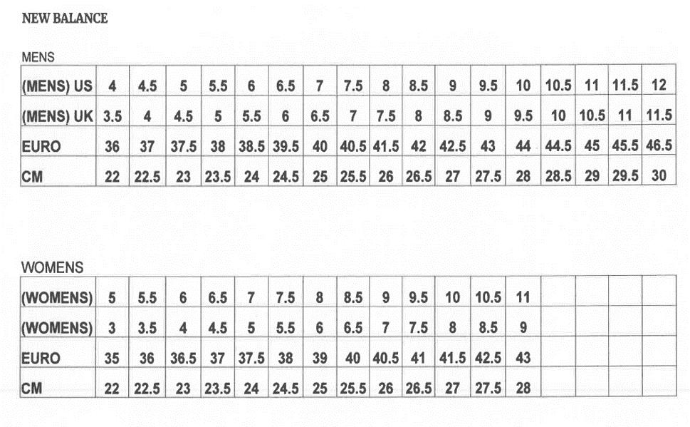 New balance top size chart uk