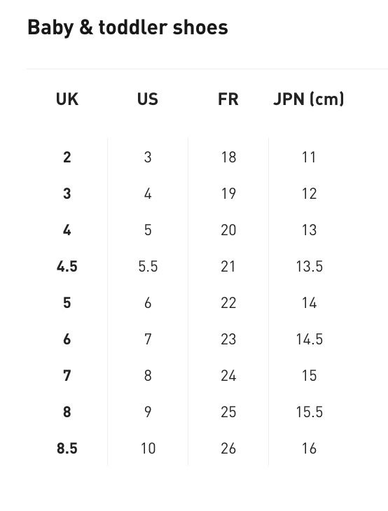 Puma baby shoes size chart discount