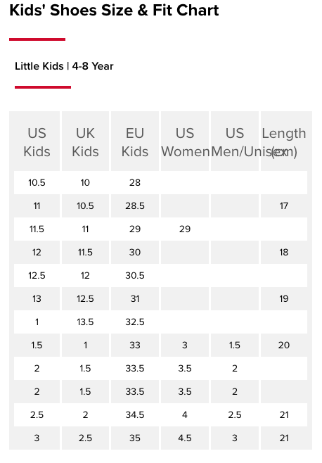 New balance deals childrens size chart