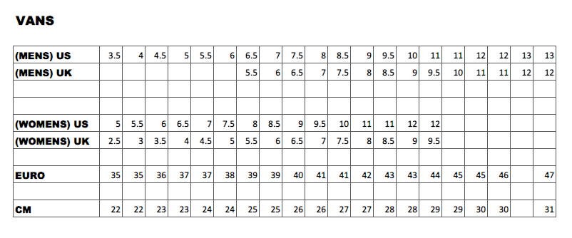 Size chart 2025 vans original